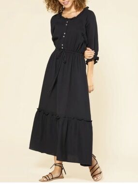 NWT Outerknown Odyssey Gauzy Cotton Midi Dress Black Boho Sz XS